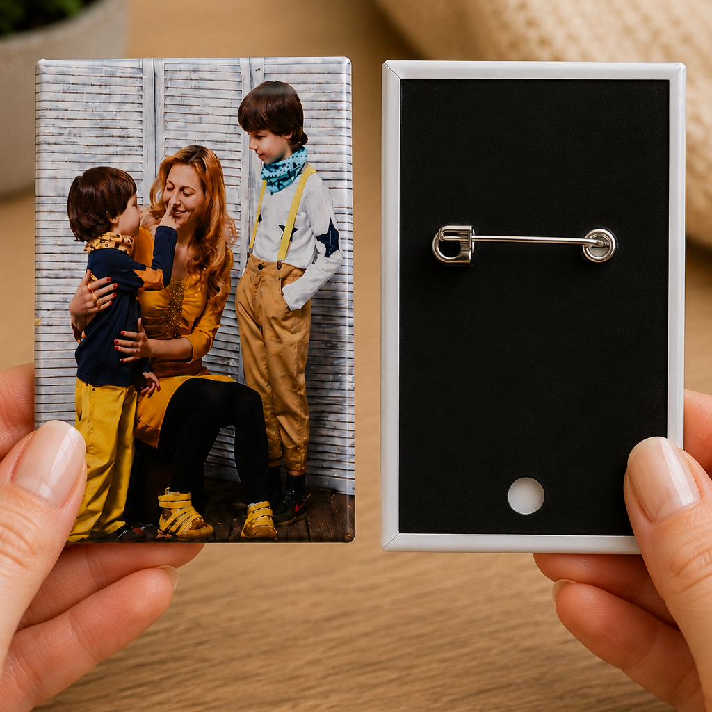 Custom Pressed Photo Pin-Back Buttons| 2"x2" Square, 2"x3" Rectangle & 3" Round Pressed Pin-Back Buttons