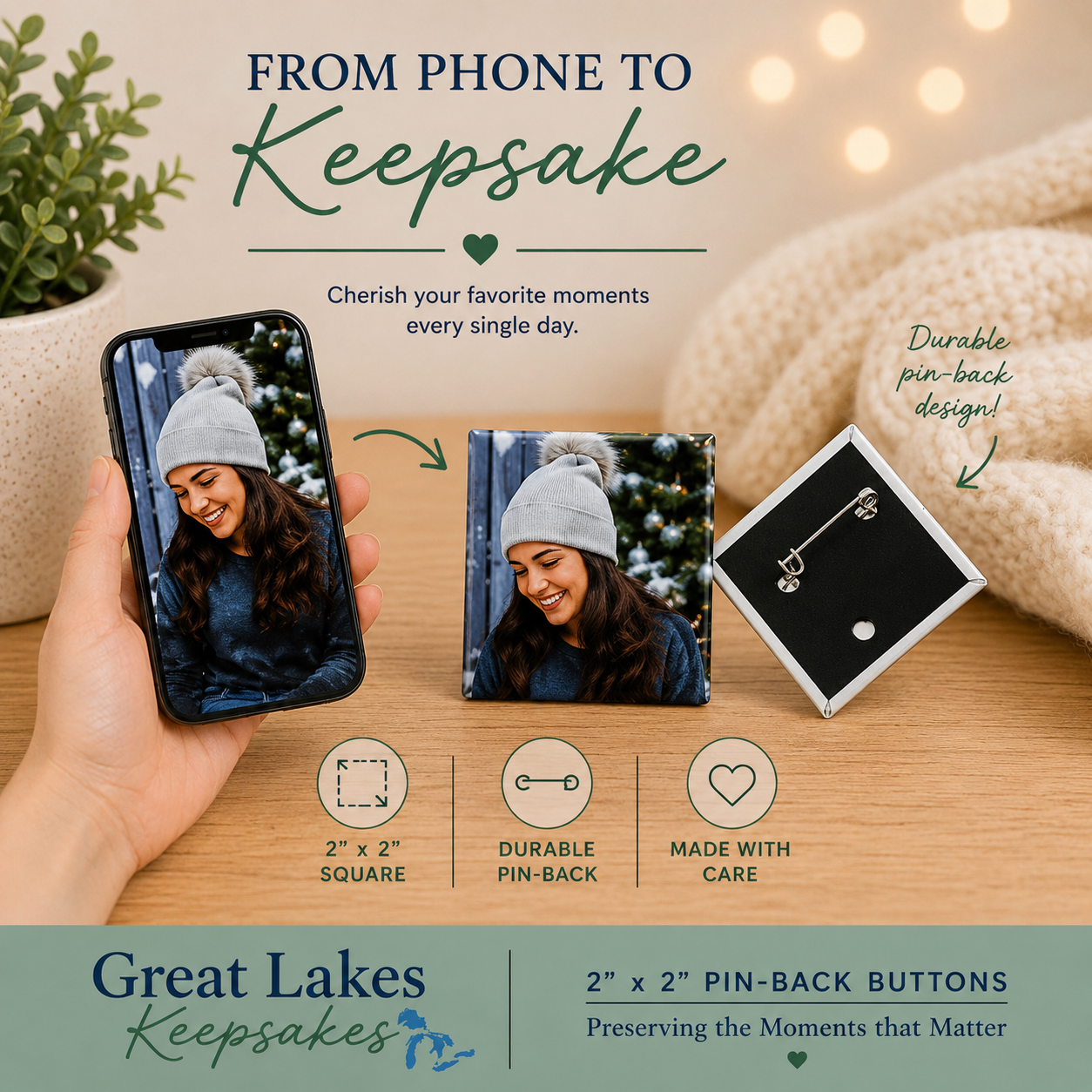 Custom Pressed Photo Pin-Back Buttons| 2"x2" Square, 2"x3" Rectangle & 3" Round Pressed Pin-Back Buttons