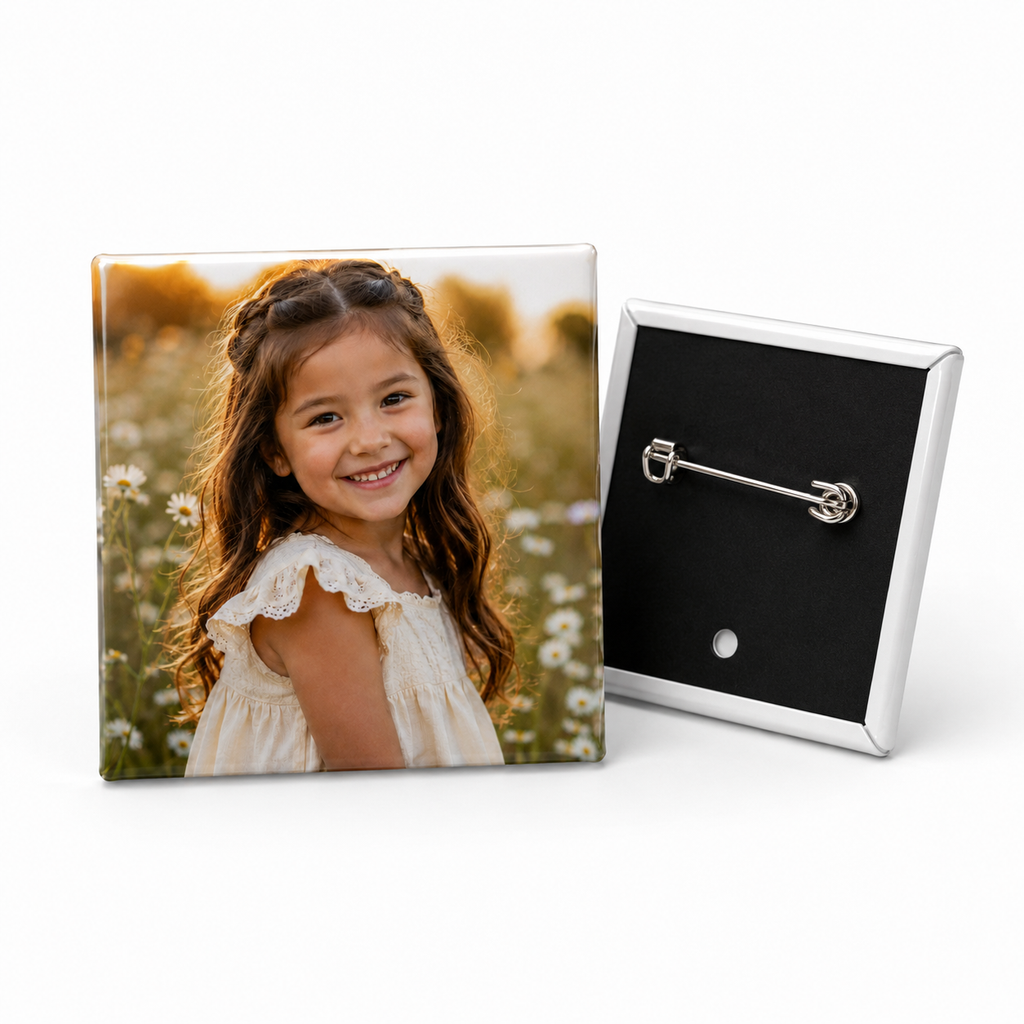 Custom Pressed Photo Pin-Back Buttons| 2"x2" Square, 2"x3" Rectangle & 3" Round Pressed Pin-Back Buttons