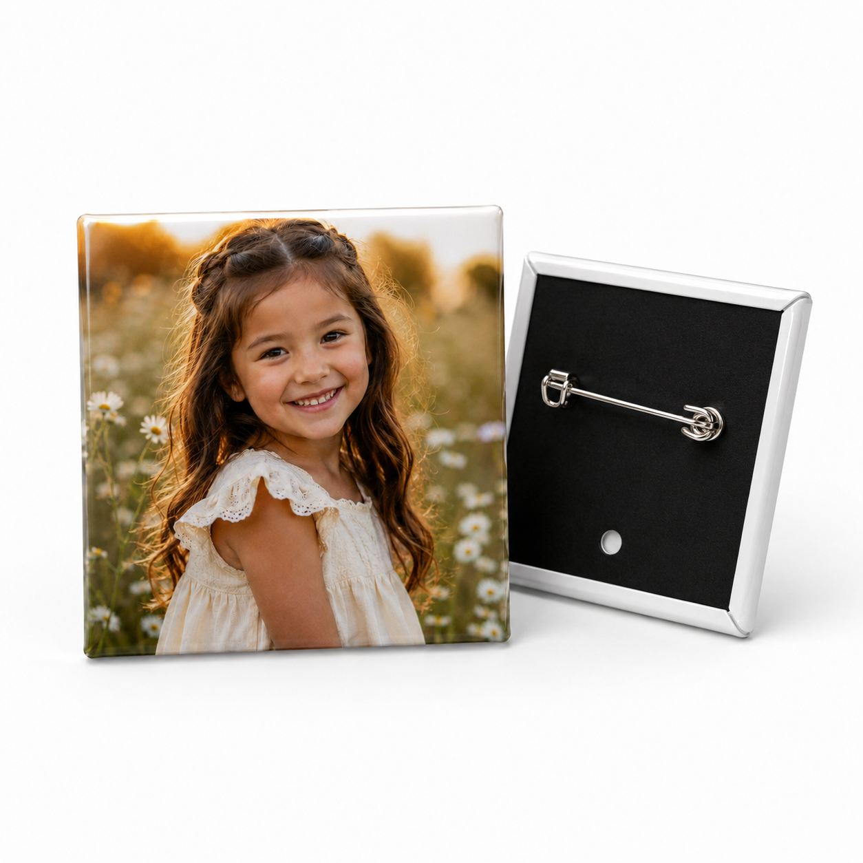 Custom Pressed Photo Pin-Back Buttons| 2"x2" Square, 2"x3" Rectangle & 3" Round Pressed Pin-Back Buttons