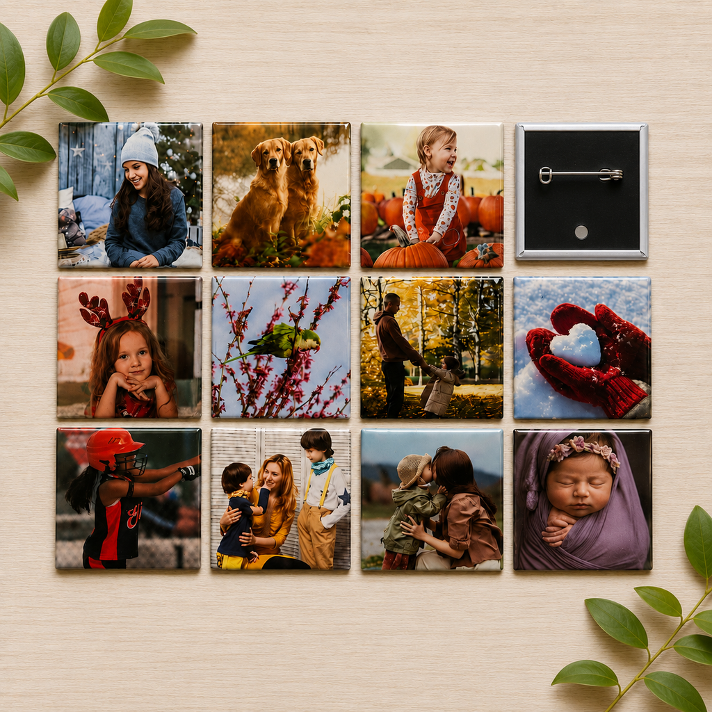 Custom Pressed Photo Pin-Back Buttons| 2"x2" Square, 2"x3" Rectangle & 3" Round Pressed Pin-Back Buttons