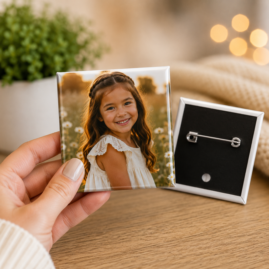 Custom Pressed Photo Pin-Back Buttons| 2"x2" Square, 2"x3" Rectangle & 3" Round Pressed Pin-Back Buttons