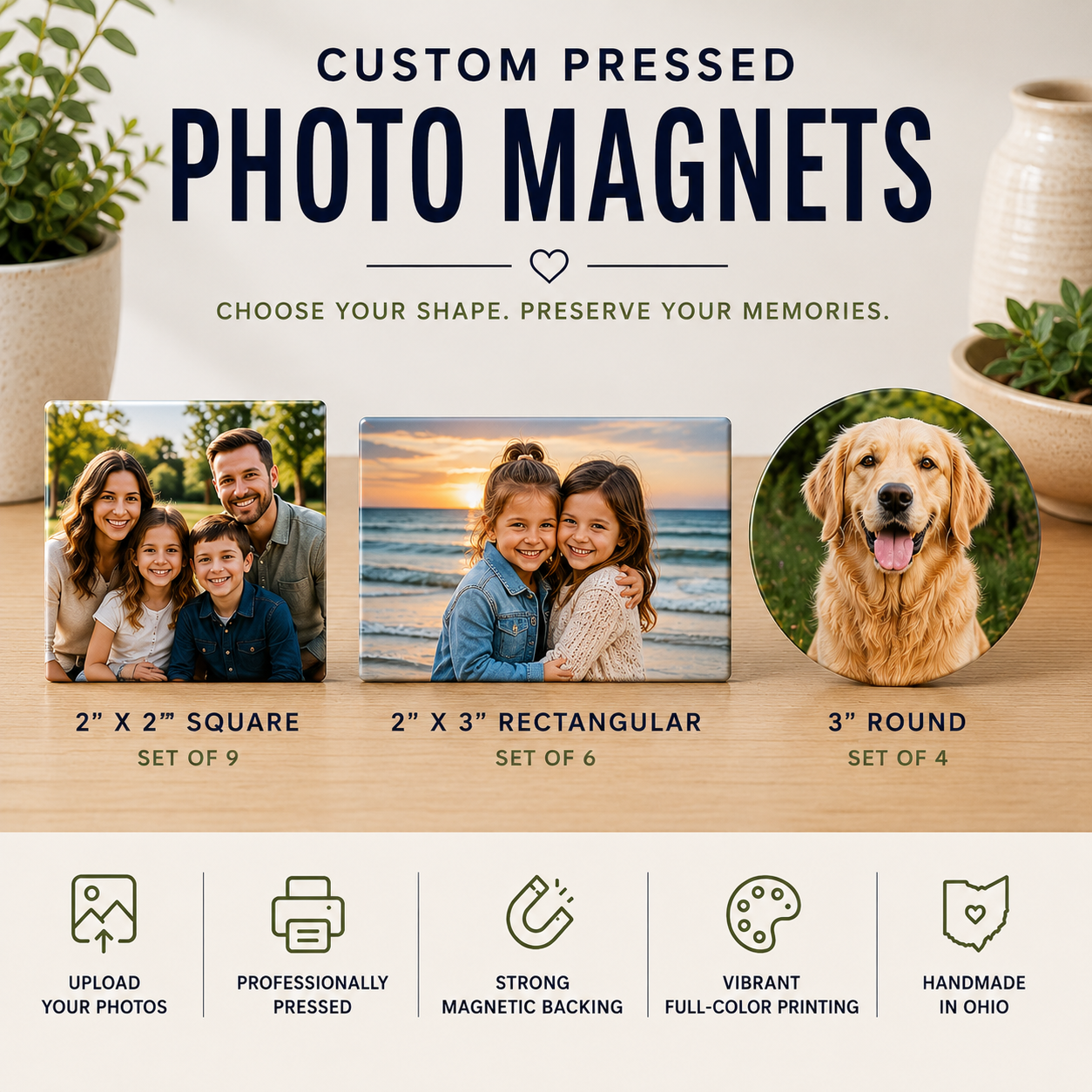 Custom Pressed Photo Magnets | 2"x2" Square, 2"x3" Rectangle & 3" Round Pressed Magnets